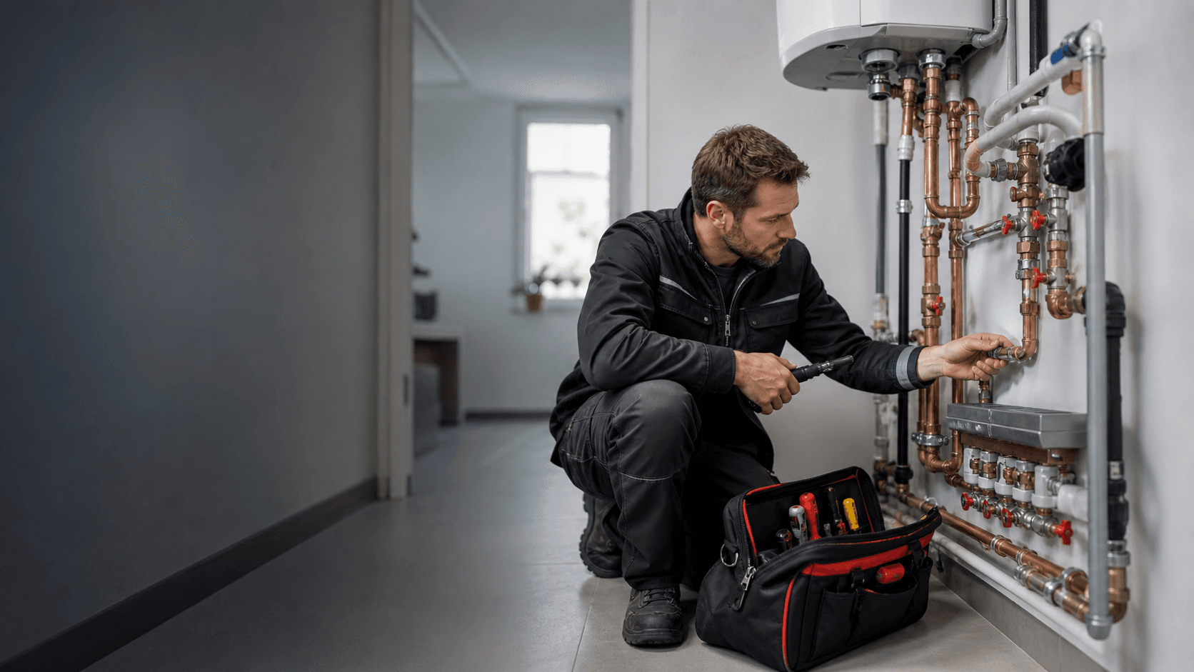 Sanitärtechniker bei der Leitungsprüfung